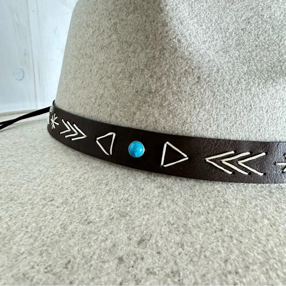 Frye Felt & Faux Leather‎ Embellished Wide Brim Rancher Cowgirl Hat Southwestern - Picture 7 of 12